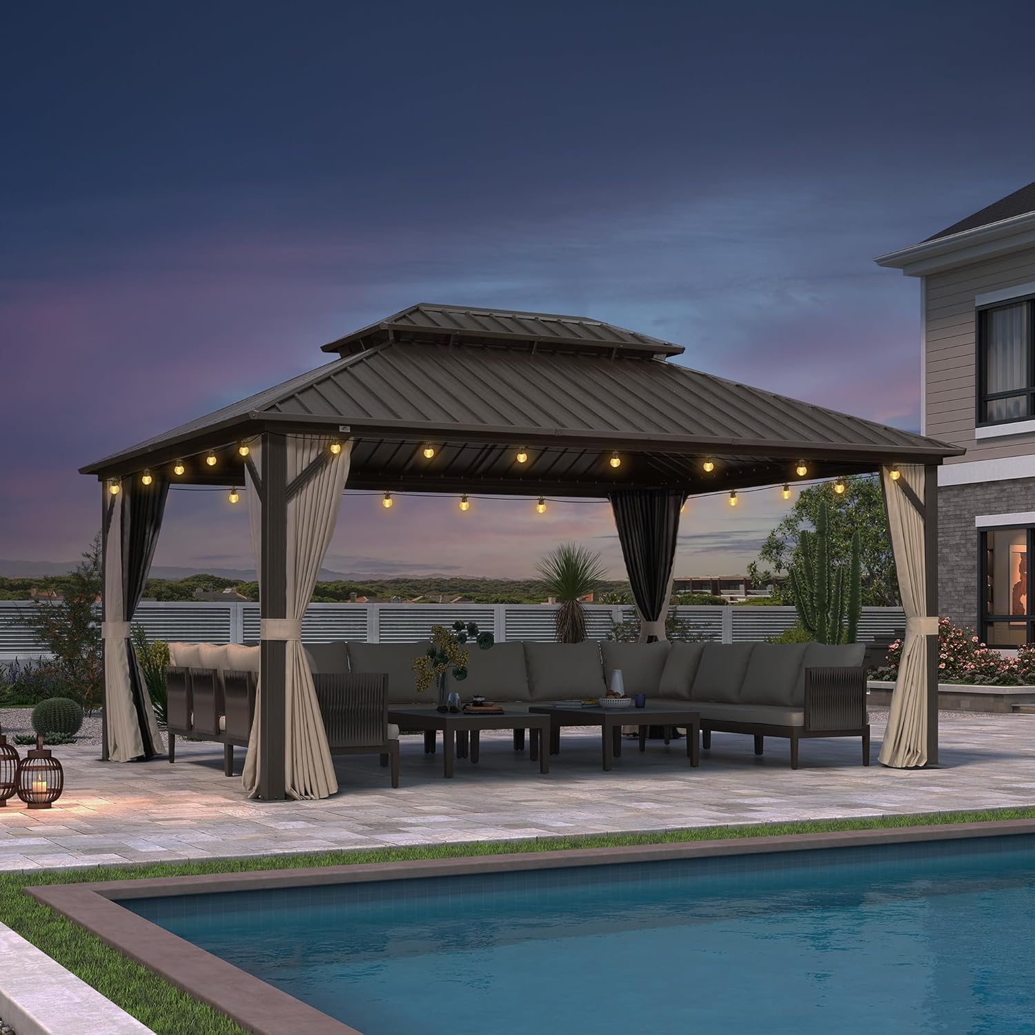karaca-alisveris - Pergola Toit Rigide - 4,85x3,65m - Aluminium, Rideaux, Guirlande