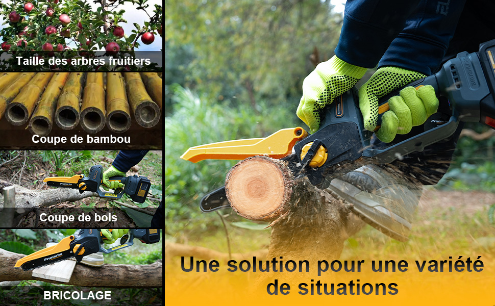 coupant une bûche de bois. Les images en encart montrent l'élagage des arbres fruitiers, la coupe de bambou et la coupe de bois. Texte : « Une solution pour une variété de situations », « BRICOLAGE ».