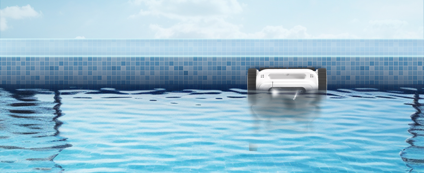 Vues continues du nettoyeur de piscine automatisé en fonctionnement, montrant différents angles de l'appareil se déplaçant le long du fond de la piscine.