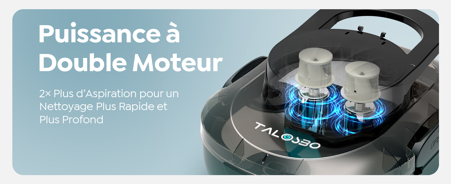 Le texte indique « Puissance à Double Moteur ». Photo du produit en gros plan montrant un appareil électronique noir avec deux boutons de commande argentés et un éclairage LED bleu visible.