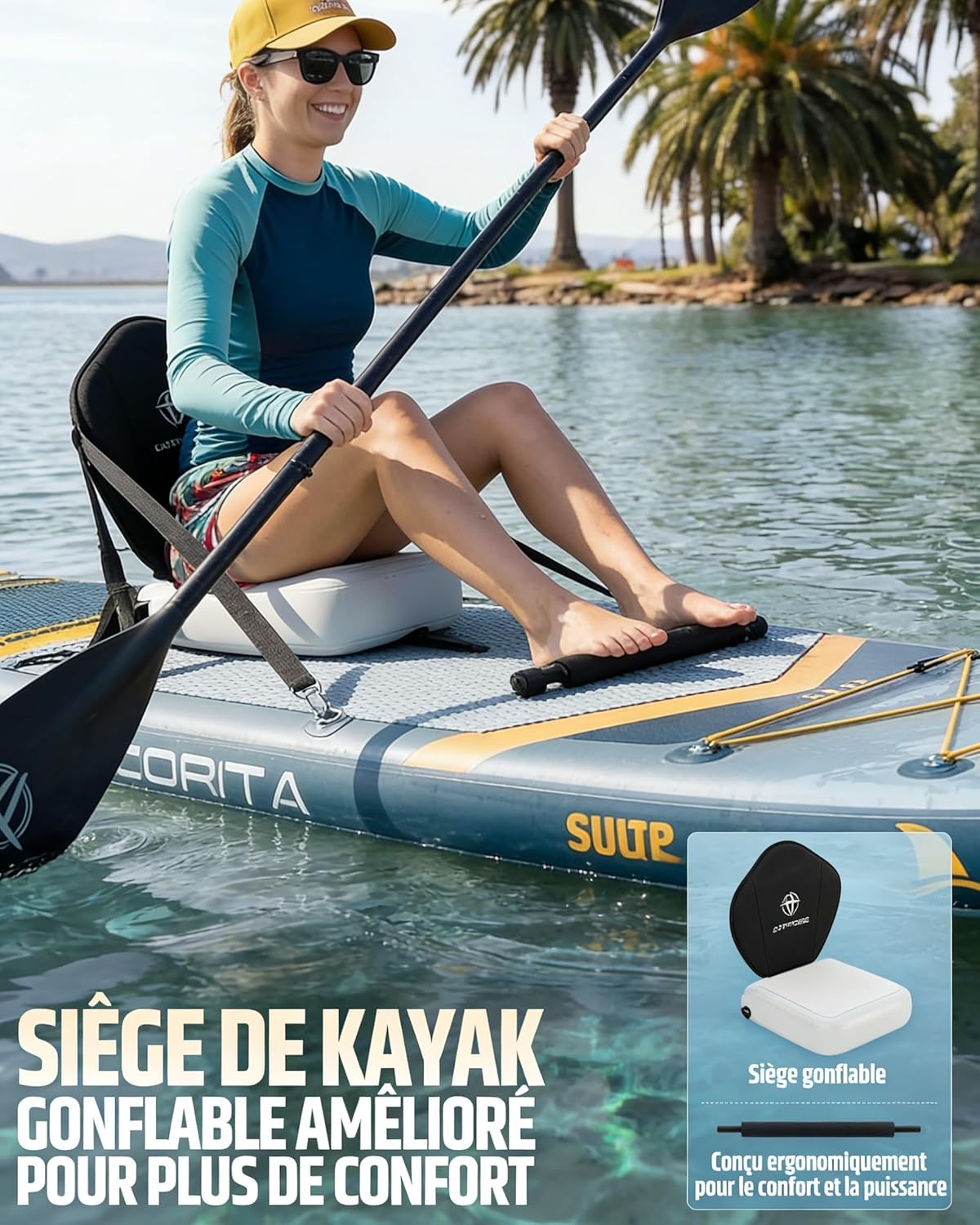 Planche de Paddle Gonflable Adulte avec Siège Kayak & Accessoires, 366x92cm Sup Extra Large & Stable, Charge 240kg, Kayak Gonflable 2 Places pour Yoga, Pêche et Surf