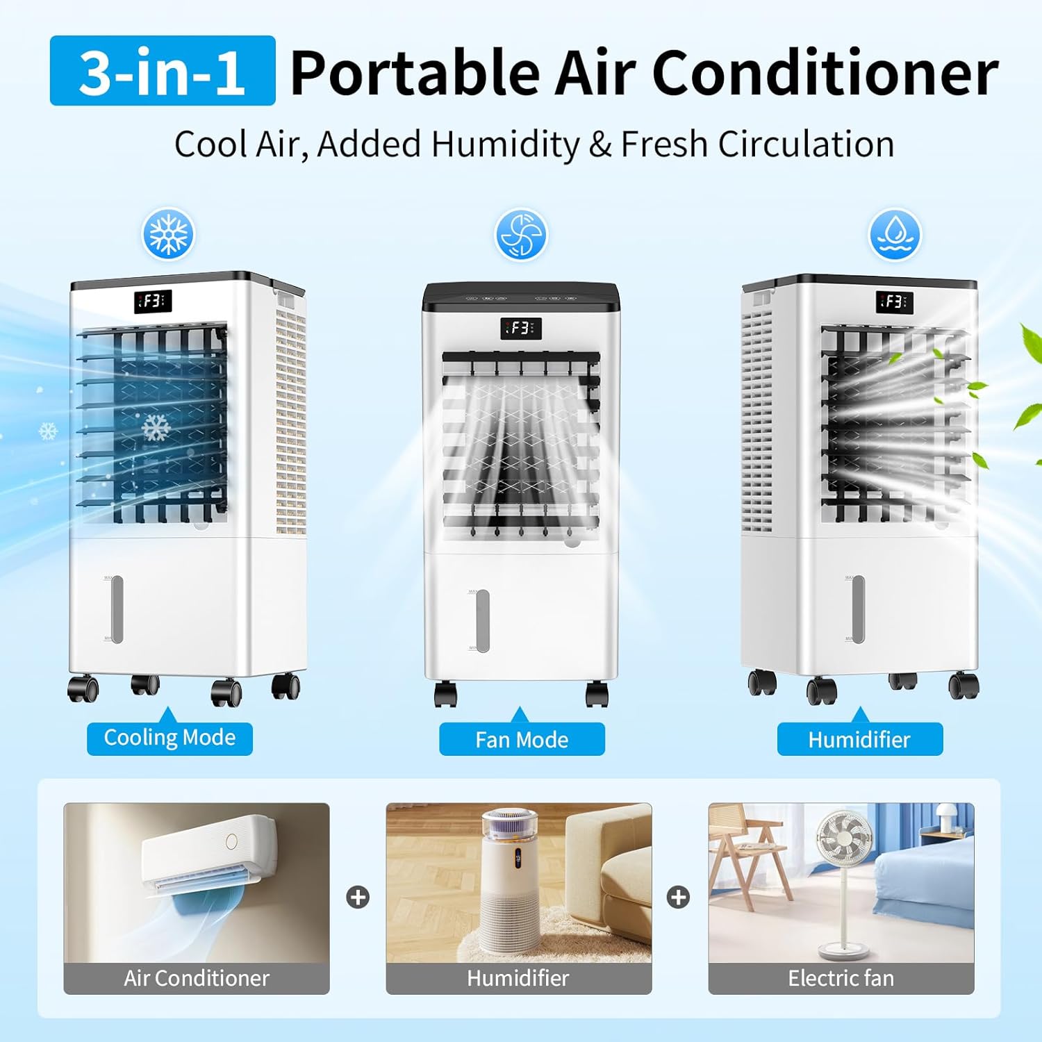 Climatiseur mobile portable 8L, 3 modes, écran, 60W, minuterie 12H