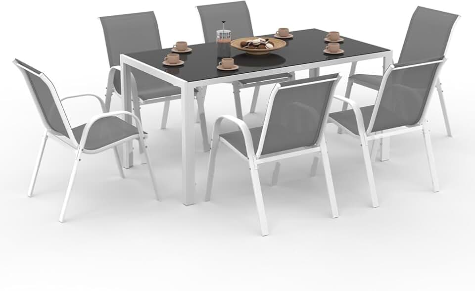 karaca-alisveris - Madrid salon de jardin 150 cm, 6 chaises empilables, blanc/gris