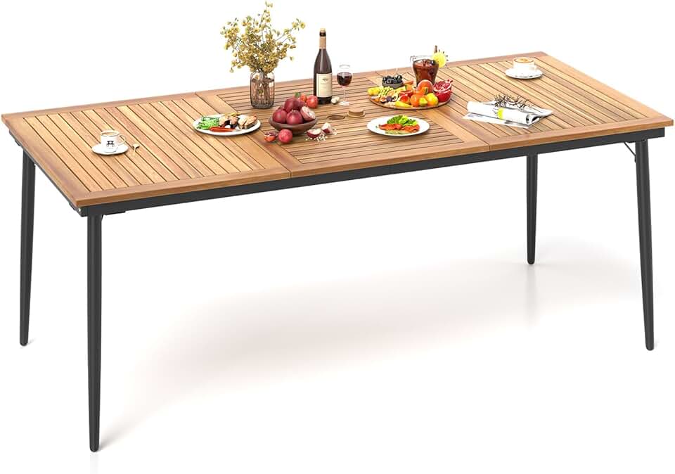 karaca-alisveris - Table de jardin 8 personnes - 190x90cm - bois acacia, trou parasol 5cm, pieds métal, charge 75kg
