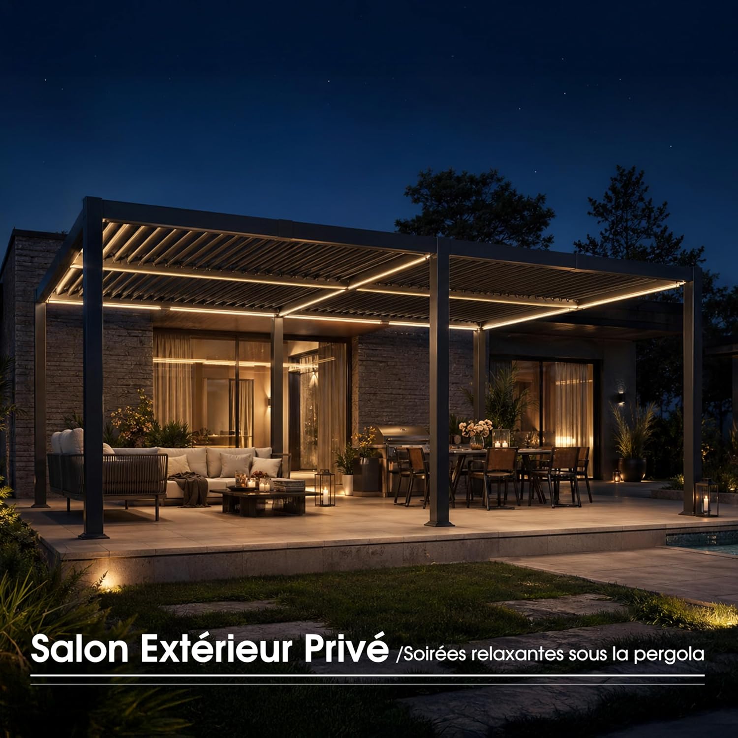 karaca-alisveris - Pergola bioclimatique - 4x6m - alu lames LED gris