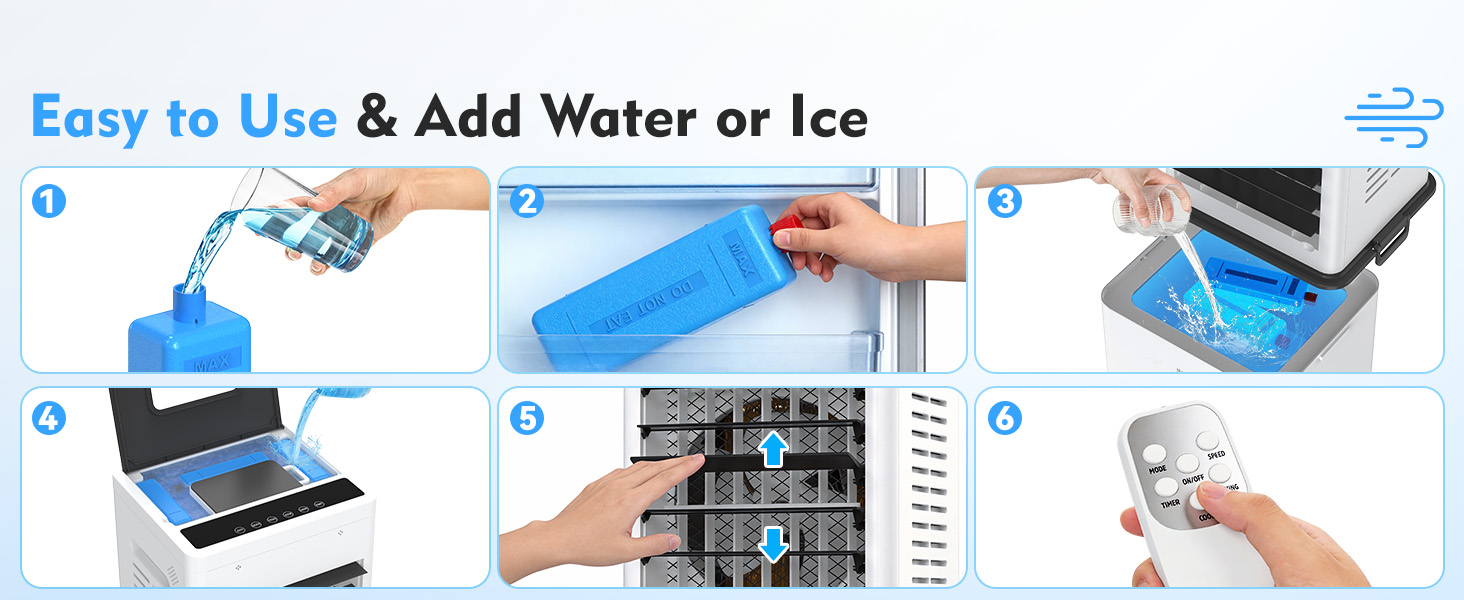Le texte indique « Facile à utiliser et à ajouter de l'eau ou de la glace ». Images d'instructions étape par étape montrant comment remplir et utiliser un système de bac à glaçons avec un ordinateur portable ou un appareil.