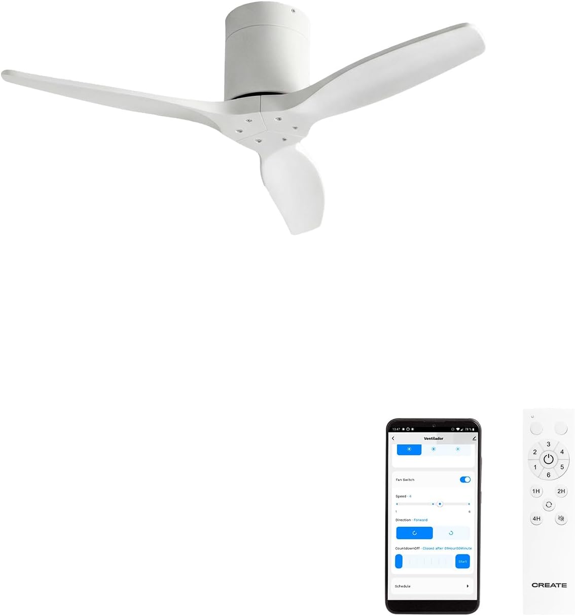 CREATE WINDCALM S Ventilateur de plafond ABS blanc avec Wi-Fi et télécommande, 40 W, silencieux, Ø112 cm, 6 vitesses, minuteur, fonction été/hiver