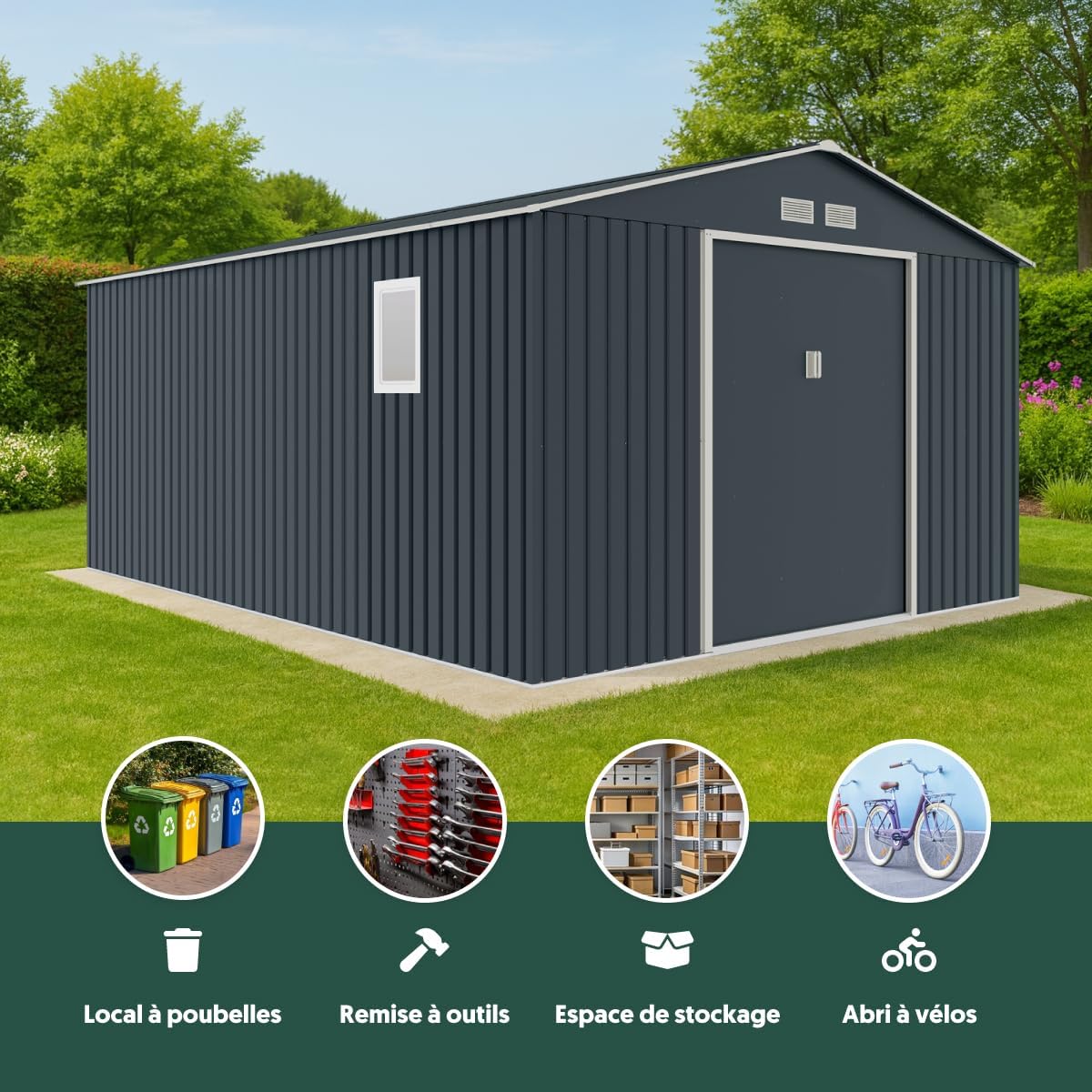 Abri de jardin acier galvanisé 15,16m², kit ancrage INOX