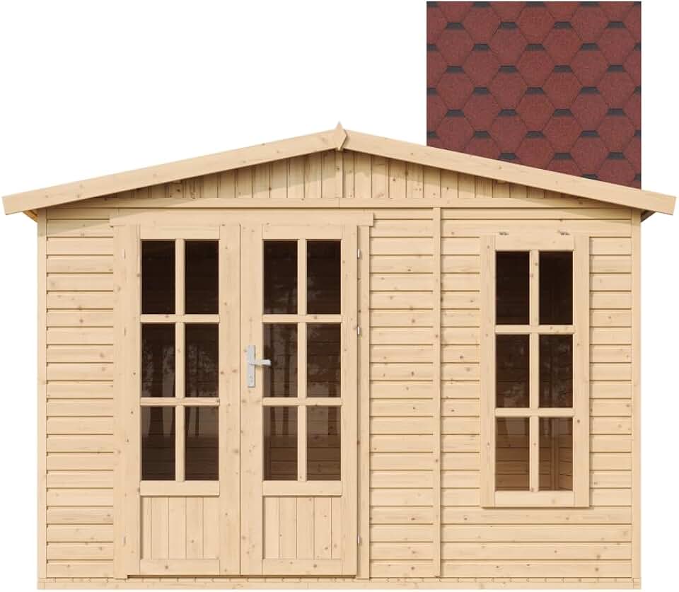 karaca-alisveris M334FB+H334FBRED Abri de Jardin en Bois 6 m² avec Sol, L332xP222xH232 cm – Chalet de Loisirs, Maison d'Été avec Bardeaux Bitumineux Rouges The Forest Stewardship Council