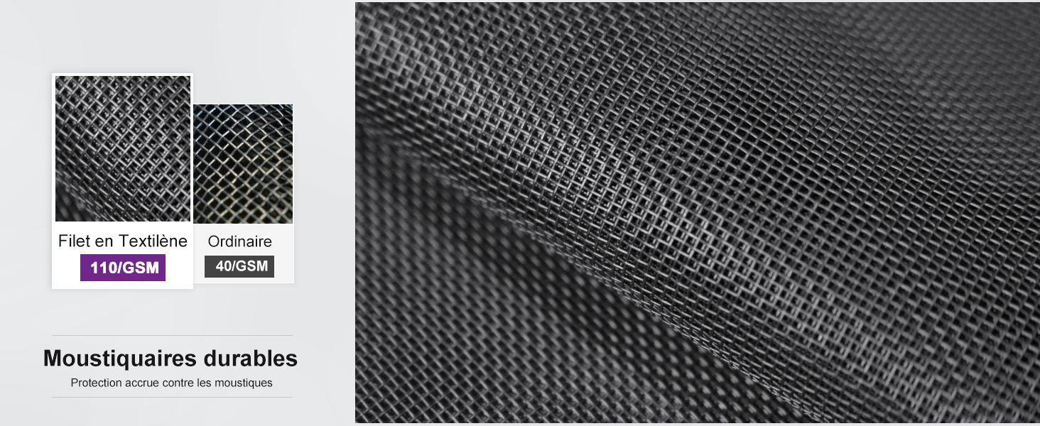 Gros plan d'un tissu de moustiquaire durable. Maille gris foncé avec motif hexagonal serré et uniforme. L'image montre les détails de la texture et les spécifications du tissu : 110 g/m² et 30 x 30
