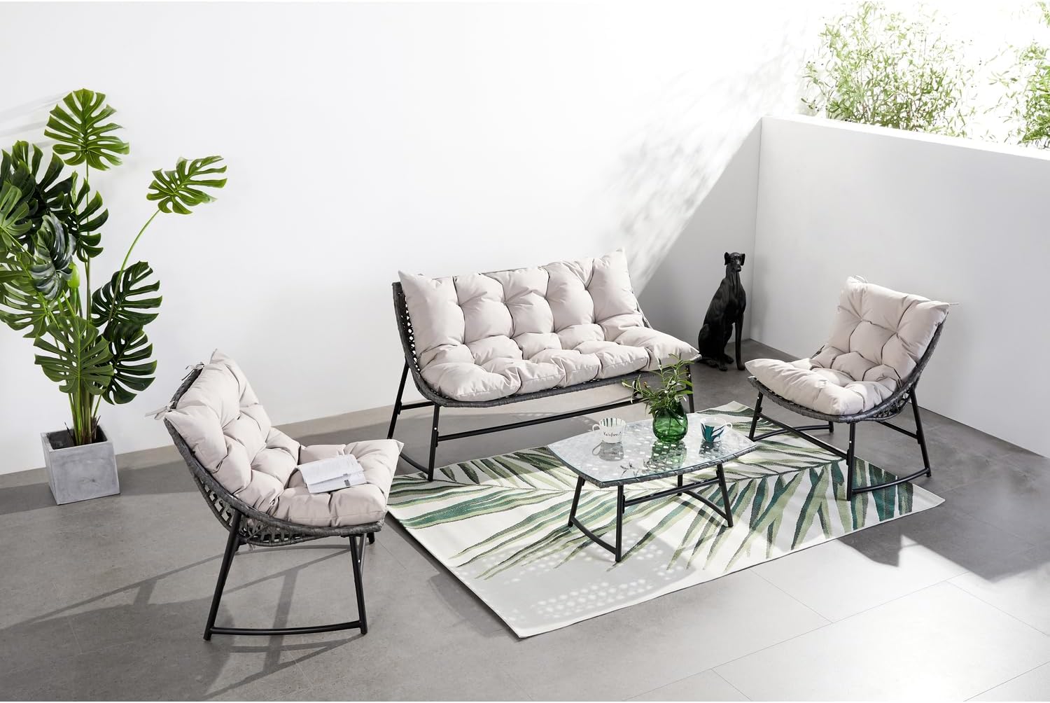 karaca-alisveris - Guahana - salon bas 4 places, acier, rotin, coussins épais