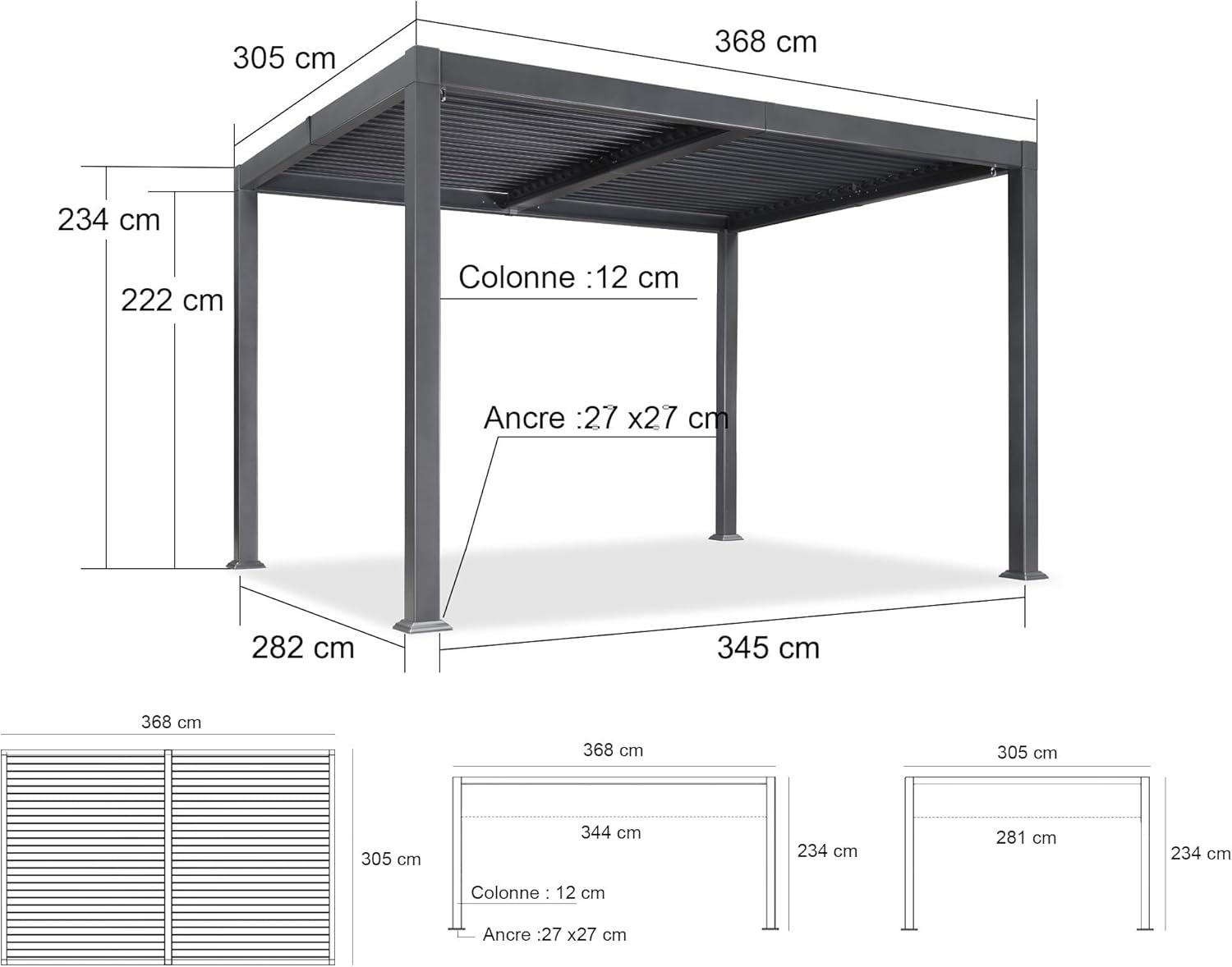 karaca-alisveris - pergola bioclimatique - 3x3,65m - aluminium, lames orientables, gris