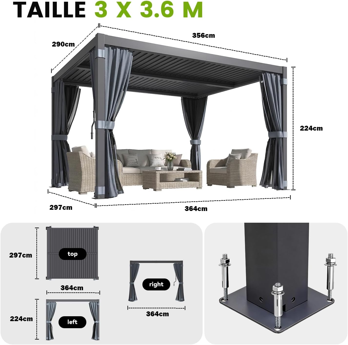 Pergola bioclimatique aluminium acier 3x3,6m toit lamelles rideaux