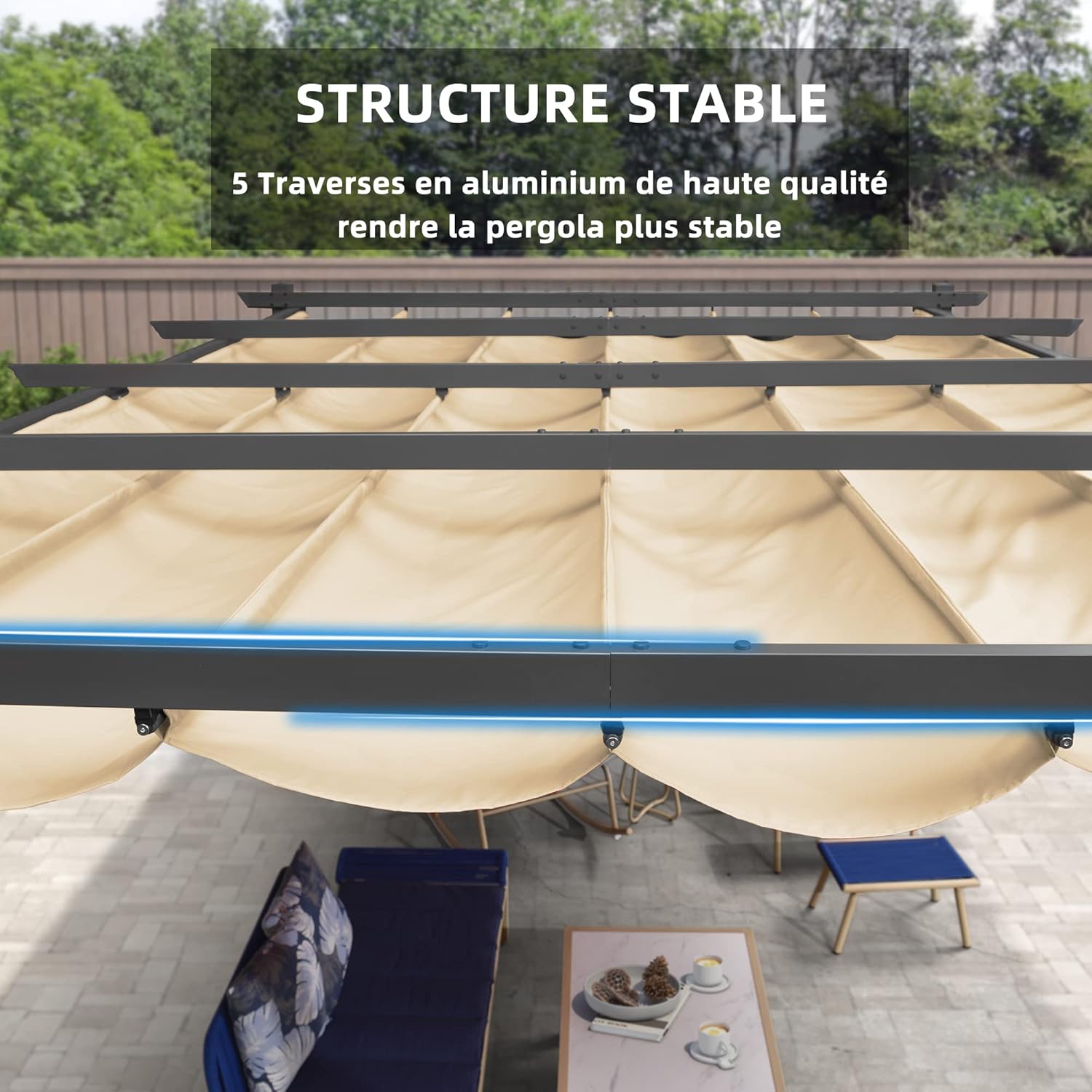 karaca-alisveris - Pergola aluminium LED, toit rétractable, 4x3m, kaki