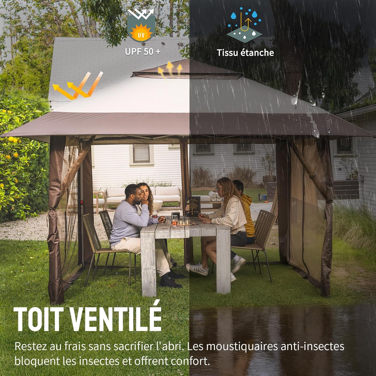 karaca-alisveris Tonnelle de Jardin 4 x 4 m, Pop Up Gezebo Exterieur Imperméable, Abri de Jardin Réglable en Hauteur, Double Toit avec Côtés en Maille Zippée, Sac de Transport, Beige