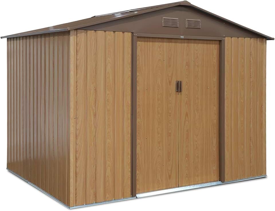 karaca-alisveris - Abri de Jardin en métal - FERRAIN 5.29m² Couleur chêne - Cabane à Outils avec Deux Grandes Portes coulissantes. kit de Fixation Sol Inclus. Maison de Rangement. Remise