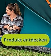 Le texte indique « Produkt entdecken ». Série d'images montrant une personne examinant ou entretenant ce qui semble être de l'équipement de plein air sur une surface verte.