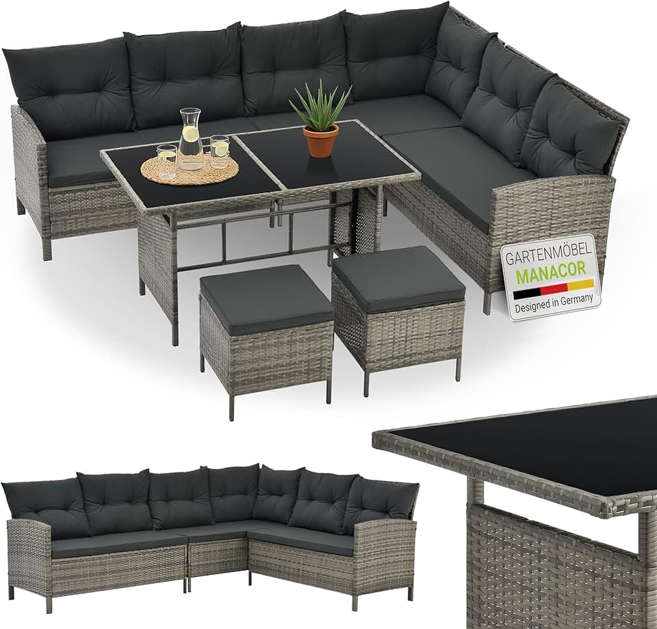 karaca-alisveris - Salon de Jardin Manacor - 7 places - Canapé, table, tabourets, coussins, housses, polyrotin gris