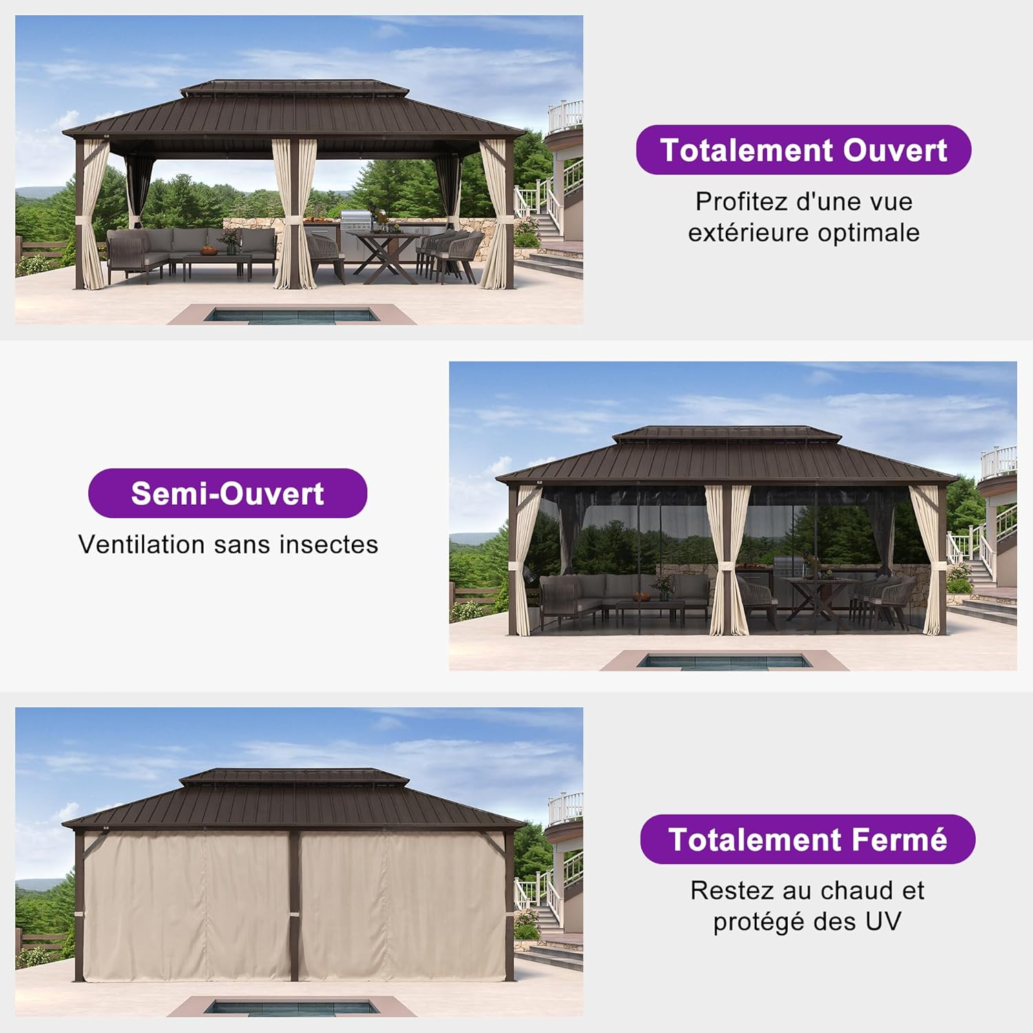 karaca-alisveris - Pergola Jardin Double Toit 6x3,65m, alu, moustiquaire