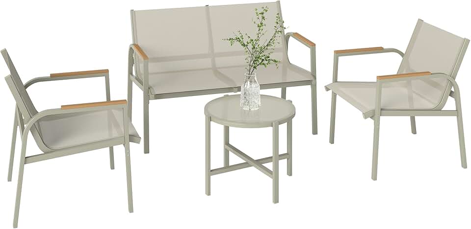 karaca-alisveris - Salon de jardin 4 pièces textilène - 2 places, 2 fauteuils, table verre, vert