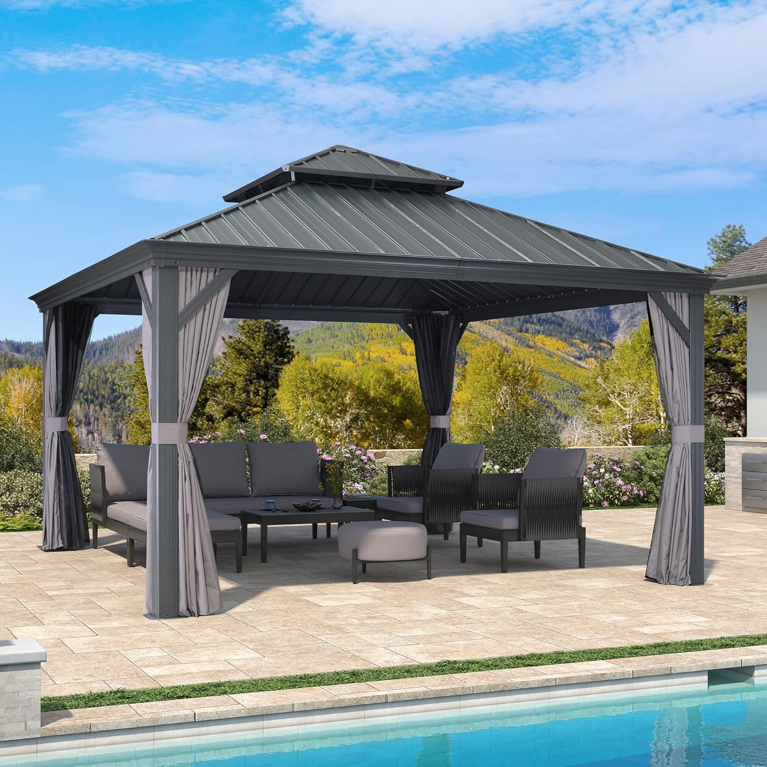 karaca-alisveris - tonnelle double toit acier 4x4m, rideaux, moustiquaire