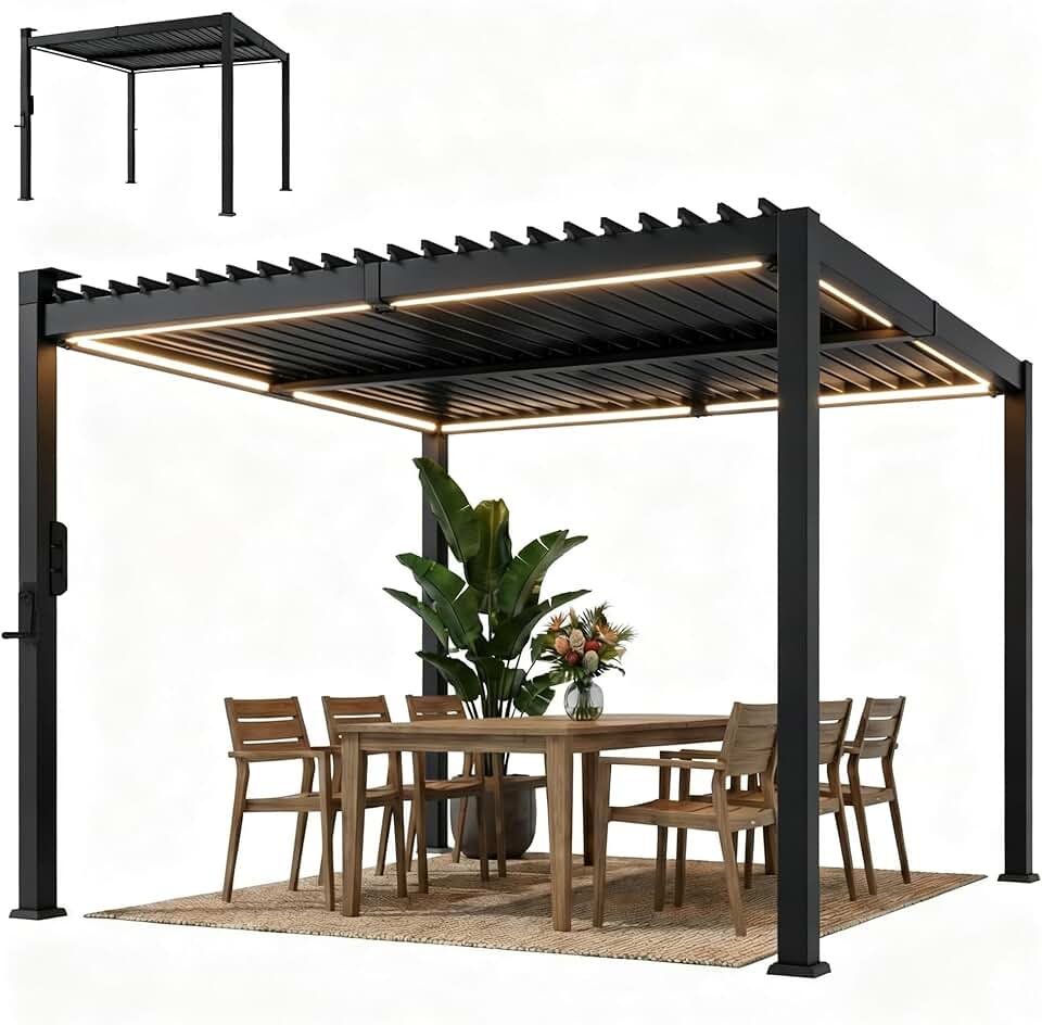 karaca-alisveris - Pergola bioclimatique 3x3m - LED solaires, lames orientables, toit métal, gouttières