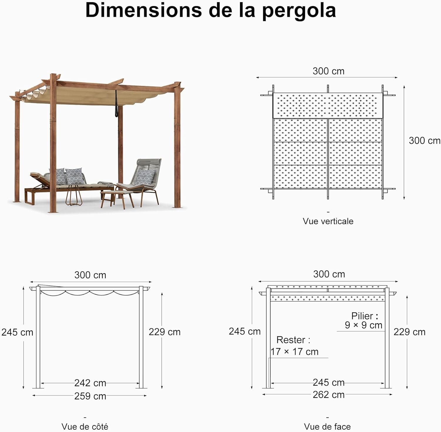 karaca-alisveris - pergola aluminium - 3x3m - teck, toile rétractable, kaki