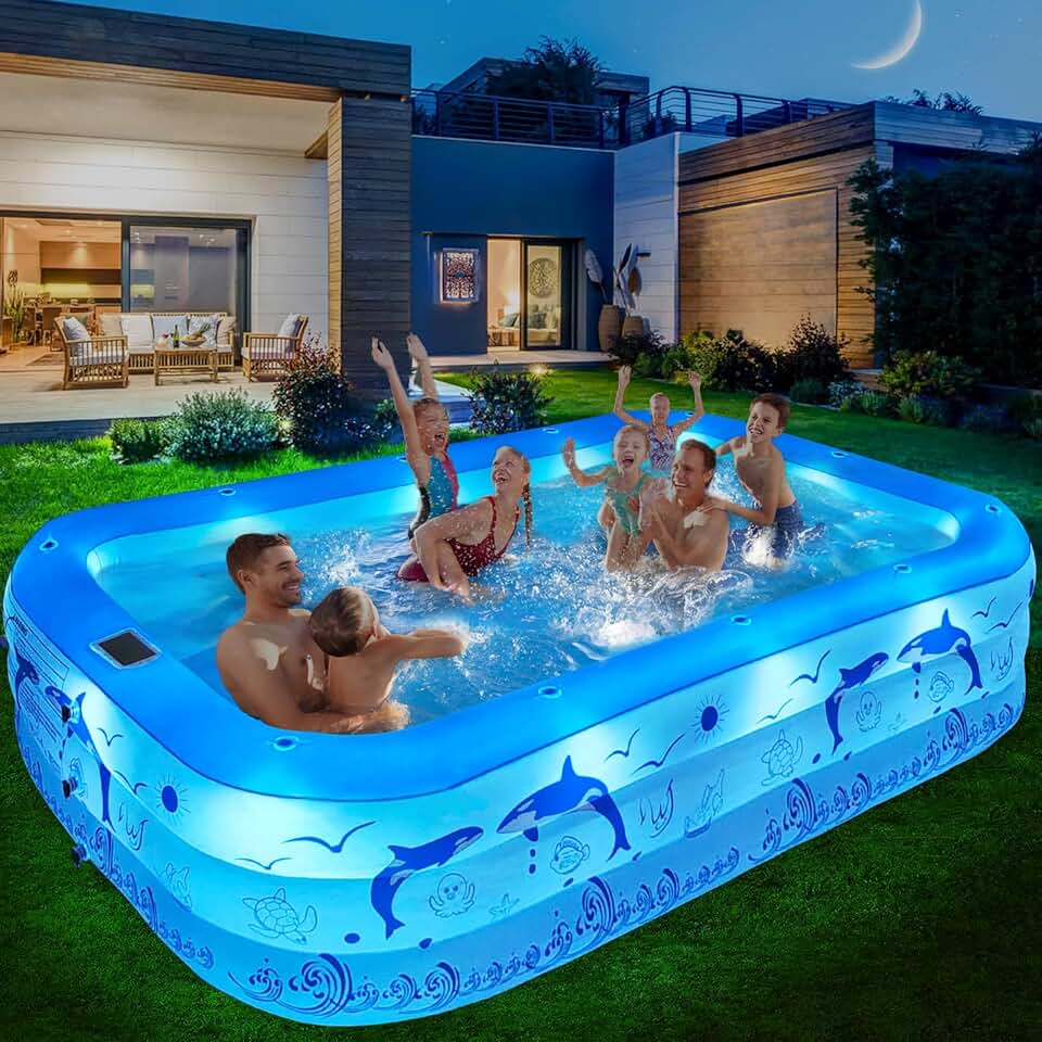 karaca-alisveris Piscine Gonflable Adulte avec Lumières, Solaire Familiale Piscines Gonflables Rectangulaire avec 12 Mode D'éclairage,240x150x55CM Grande Piscine Gonflable Enfant, Pataugeoire Bebe pour Jardin