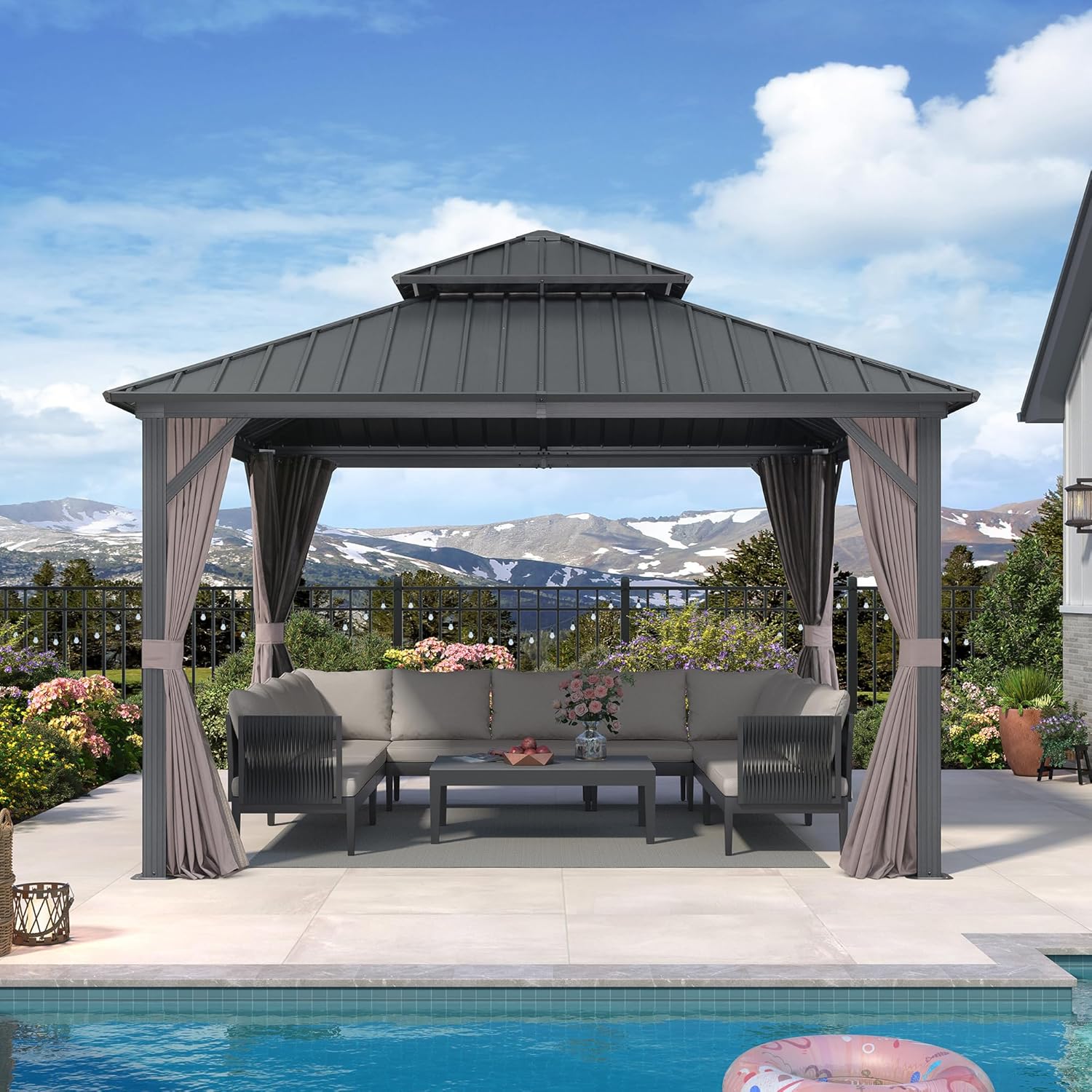 karaca-alisveris - Pavillon jardin double toit alu 3,65x3,65m, rideaux, moustiquaire