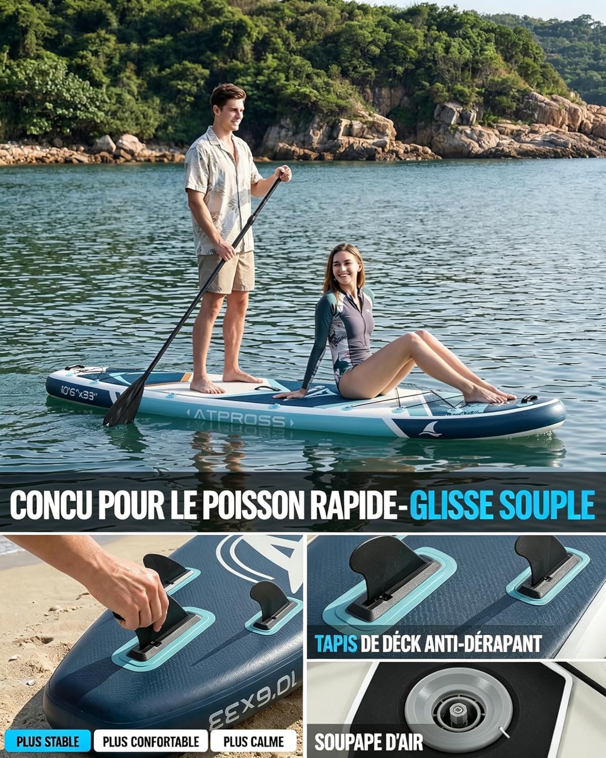 Stand Up Paddle Gonflable Adulte avec Siège Kayak & Accessoires, 320x84cm Planche de Sup Extra Large pour 2 Personnes, Charge 200kg, Kayak Gonflable 2 Places Stable et Antidérapant pour Surf