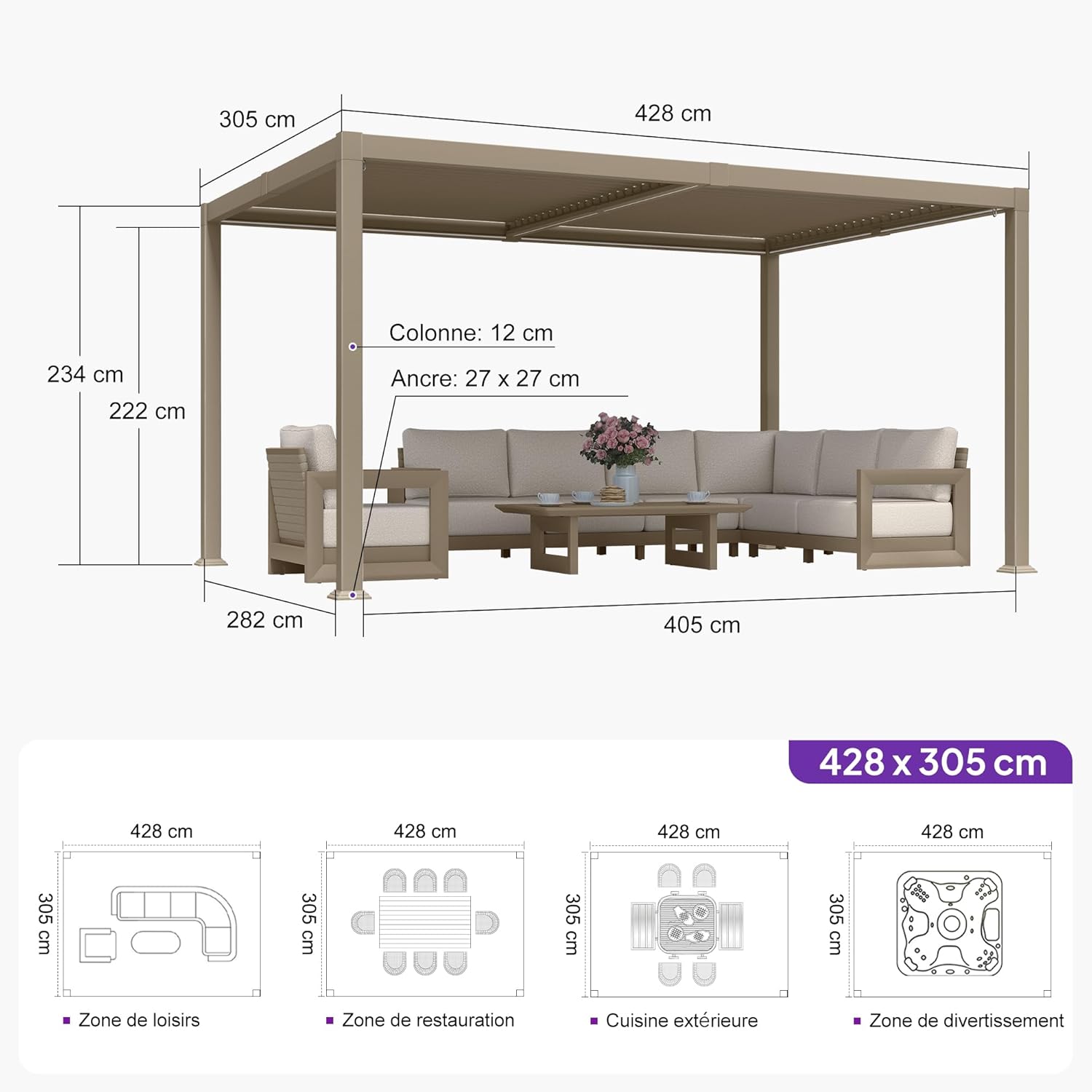 karaca-alisveris - pergola bioclimatique LED - 3x4,25m - aluminium, lames orientables, anti-UV, sans entretien