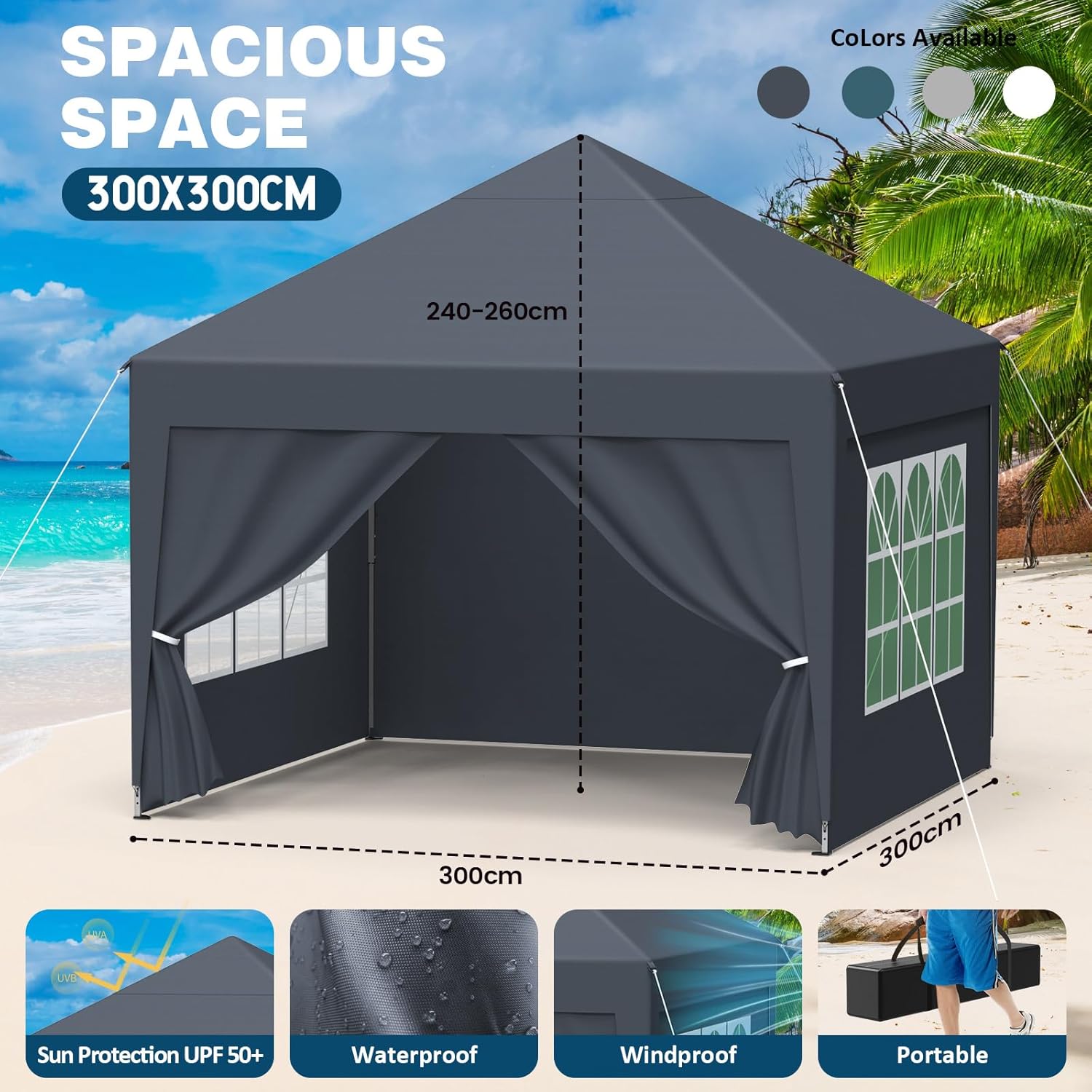Tonnelle de jardin - pliante 3x3m - 4 côtés, imperméable, UV50+