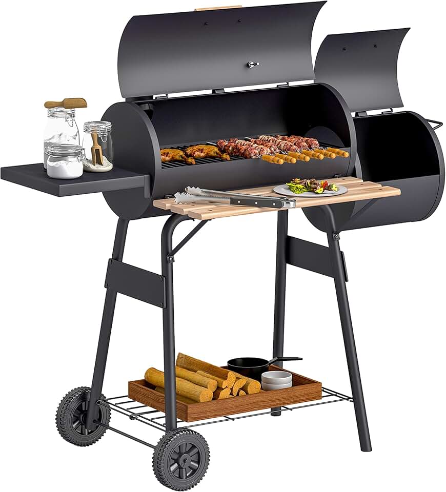 karaca-alisveris - barbecue fumoir sur pied - acier noir - roulettes, étagères, thermomètre