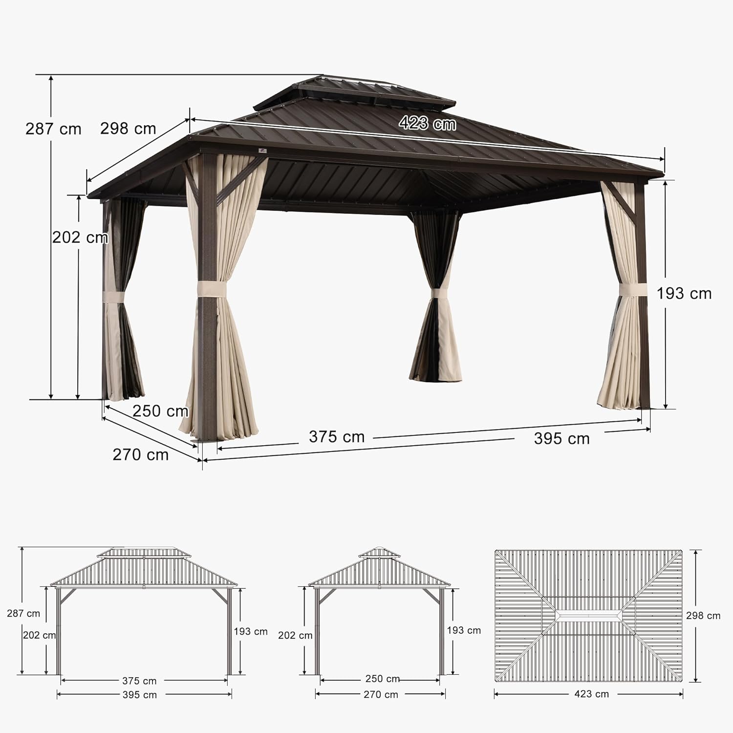 karaca-alisveris - Pergola toit rigide - 4,25x3m - acier, aluminium, guirlande