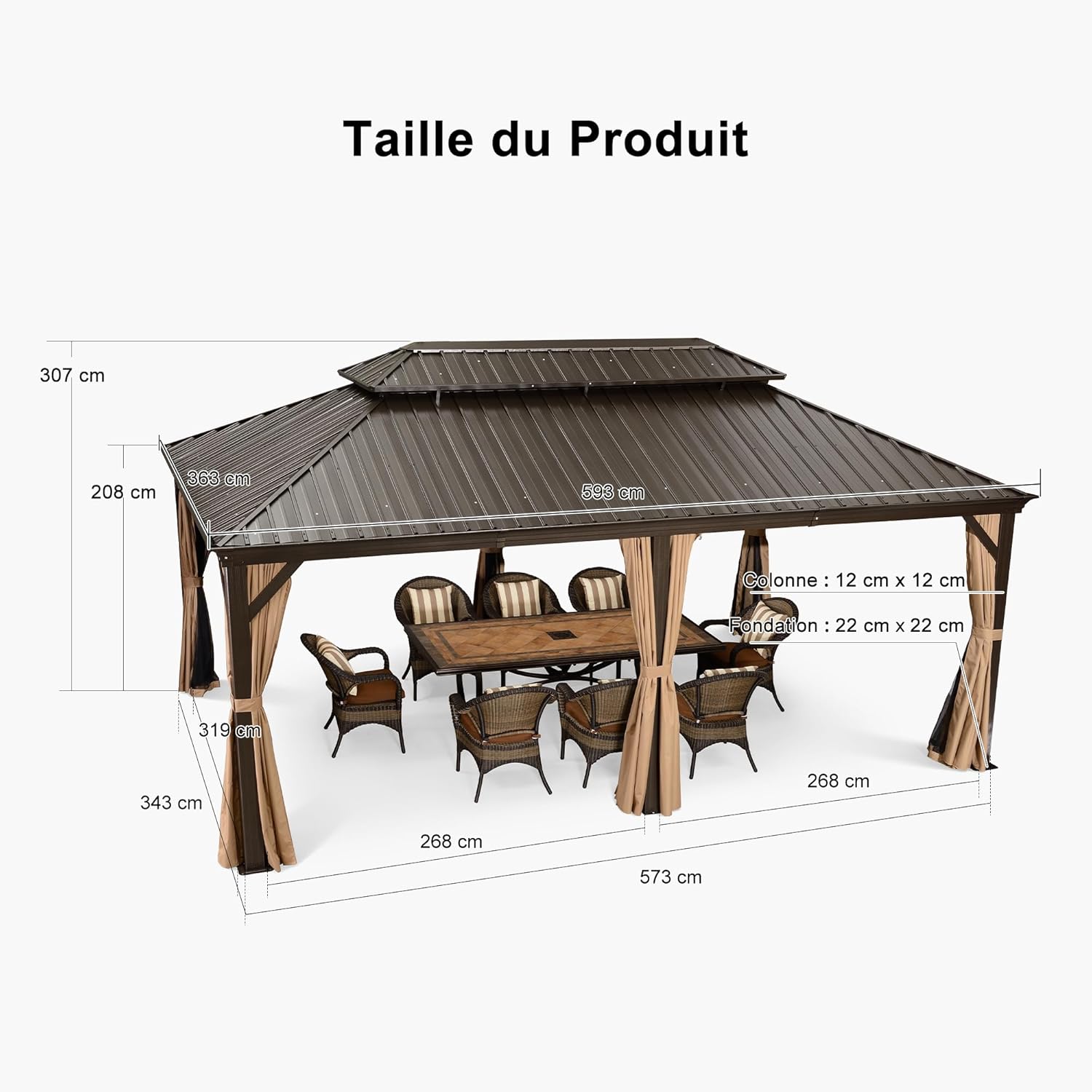 karaca-alisveris - tonnelle jardin extérieur - 6x3,65m - alu, éclairage, rideaux, gouttière, poteaux renforcés, bronze