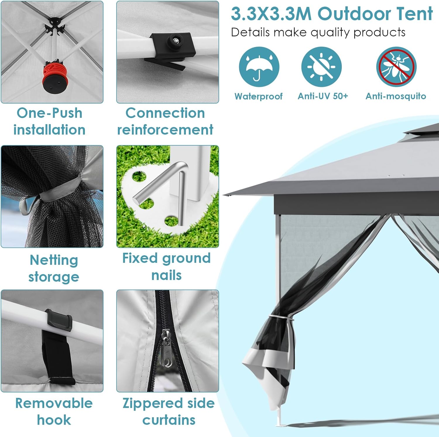 Tonnelle pliante - imperméable 3,3x3,3m - moustiquaires, double toit, sacs de sable