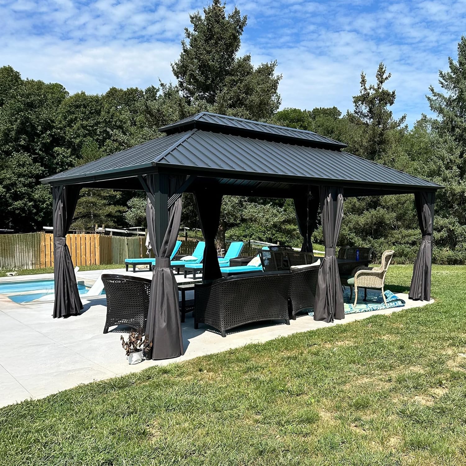 karaca-alisveris - Tonnelle double toit rigide, 6 x 3,65 m, moustiquaire, aluminium, gris