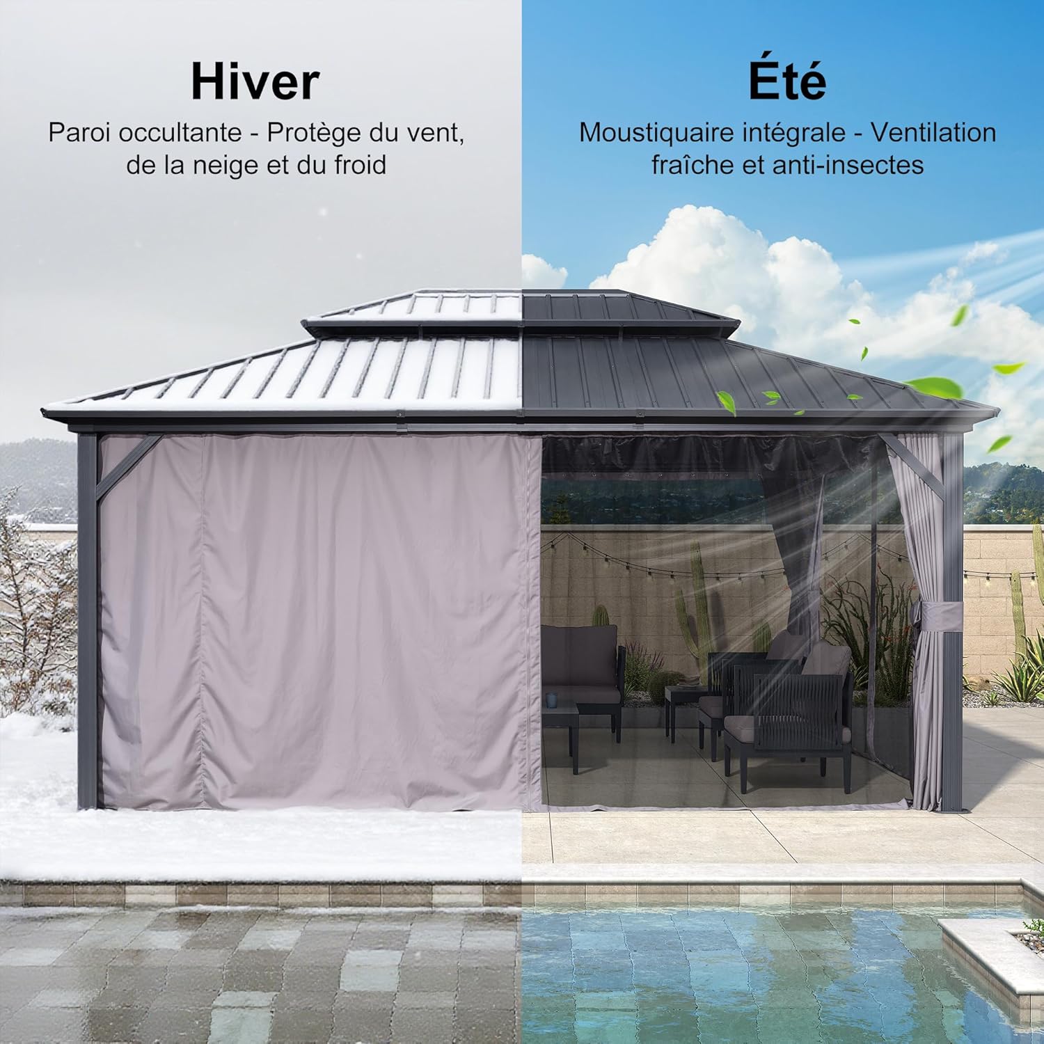 karaca-alisveris - pergola série double toit - 4,85x3,65 m - alu acier, rideaux, moustiquaire