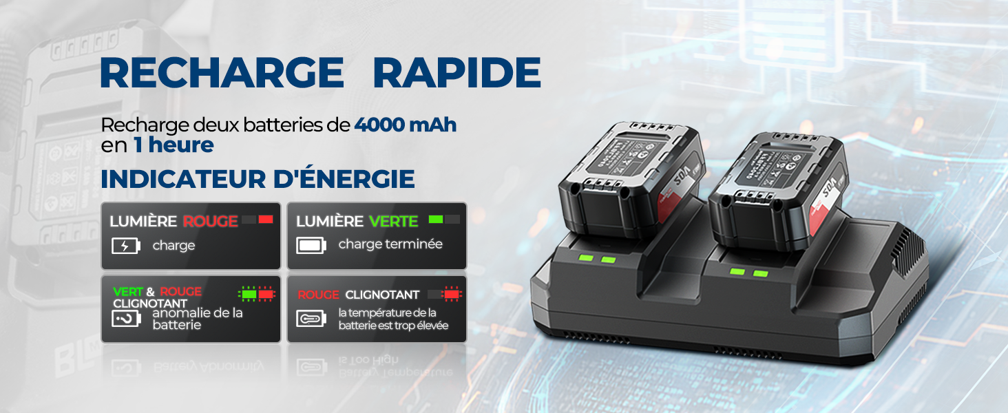avec affichage de l'indicateur d'énergie. Dispose d'une charge rapide en 1 heure pour les batteries de 4 000 mAh. La station de charge affiche des voyants d'état et deux batteries insérées.