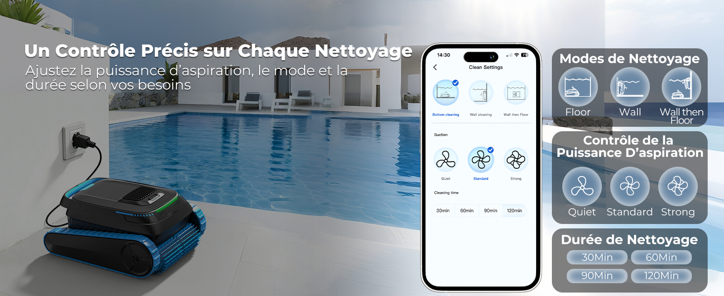 Le texte indique « Un contrôle précis sur chaque nettoyage » et « Guide de nettoyage ». Robot de nettoyage de piscine affiché avec une interface d'application pour smartphone affichant les paramètres de commande et le guide d'entretien.