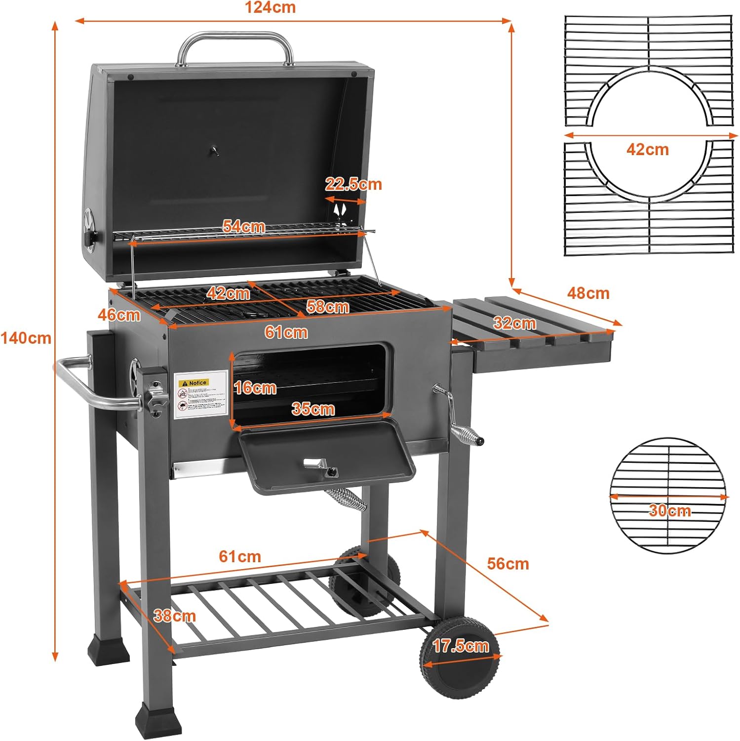 Barbecue charbon XL - chariot avec couvercle - hauteur réglable - roues, thermomètre, grande surface