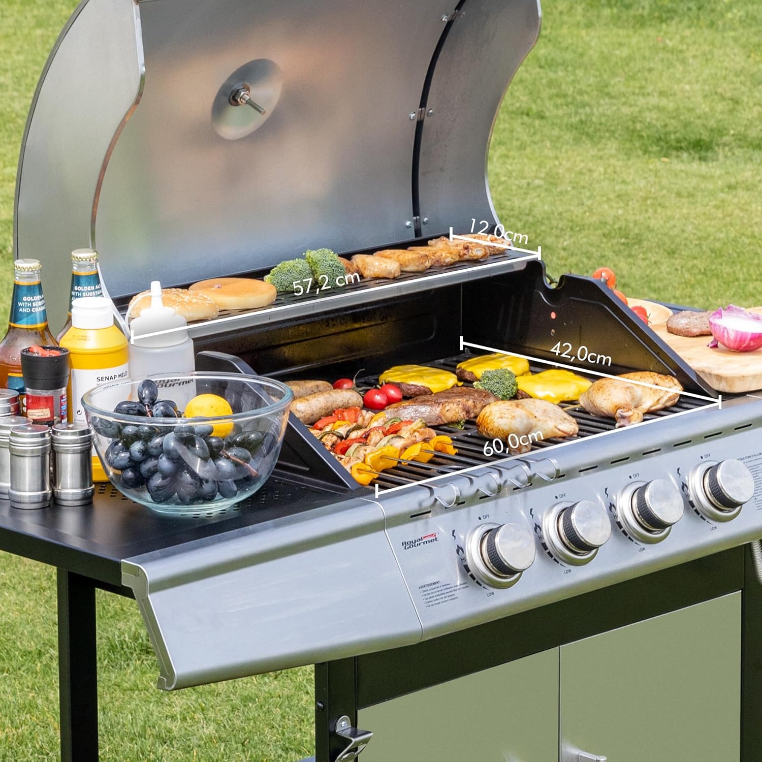 karaca-alisveris - Barbecue Gaz 4+1 brûleurs inox - 14,5kW - 2 portes, thermomètre, roues directionnelles