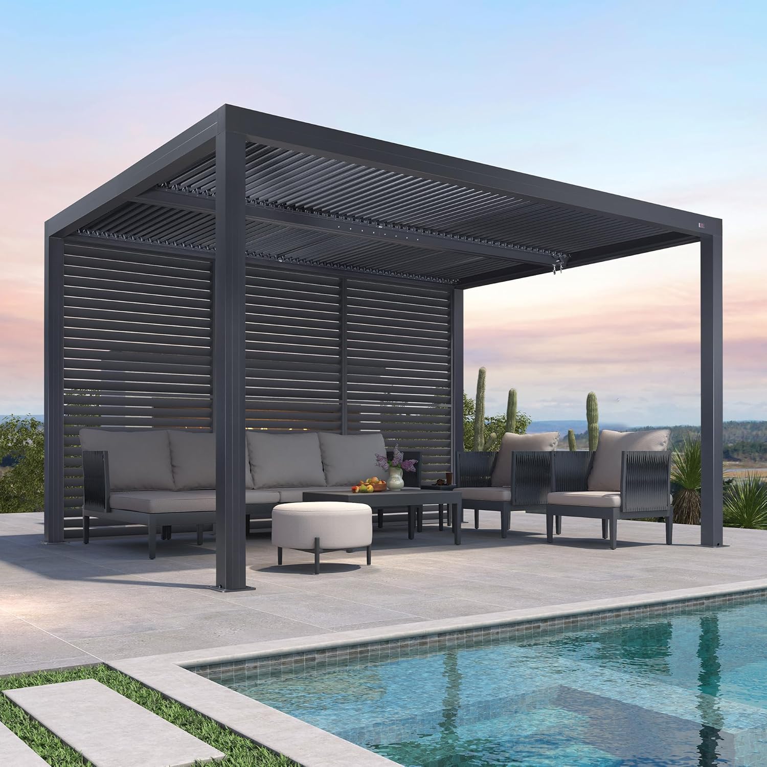 karaca-alisveris - Pergola bioclimatique 4x3,3m alu, lames orientables, gris