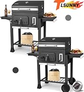 Le texte indique « LSUNNY ». Angles supplémentaires du même gril extérieur noir, présentant diverses caractéristiques, notamment des surfaces de cuisson et des options de mobilité.