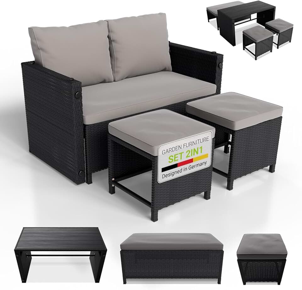 karaca-alisveris - Jamaika 2 en 1 - table, banc, 2 tabourets, coussins lavables, noir gris, jusqu'à 4 personnes