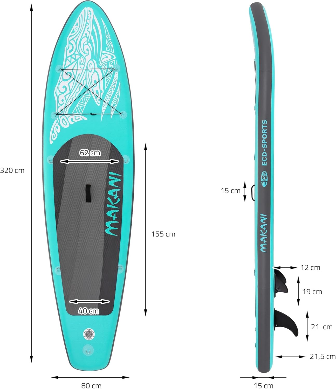 karaca-alisveris - Stand Up Paddle Board - 305/308/320/380 cm - PVC, jusqu’à 150 kg, 10/15 cm, sac, pompe