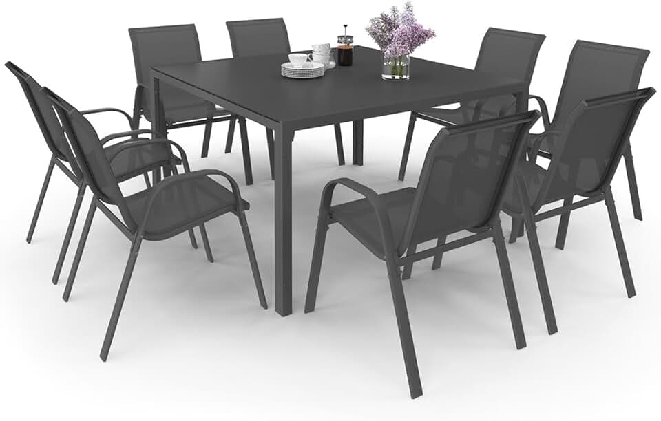 karaca-alisveris - Madrid salon de jardin carré 130 cm, 8 chaises empilables, gris anthracite