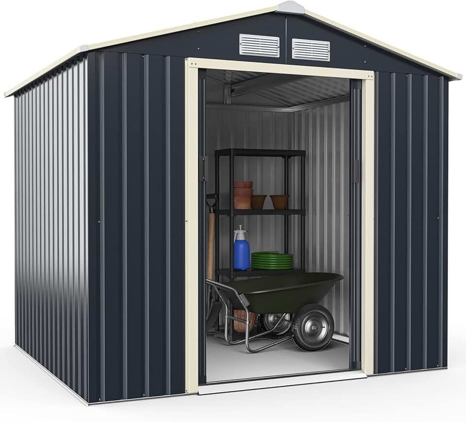 karaca-alisveris 3,73㎡ Abri de Jardin Métal Galvanisé, Cabine de Jardin Extérieur Portes Coulissantes, Résistant aux Intempérie, Cabane de Rangement Outils, 213 x 191 x 195 cm, Gris