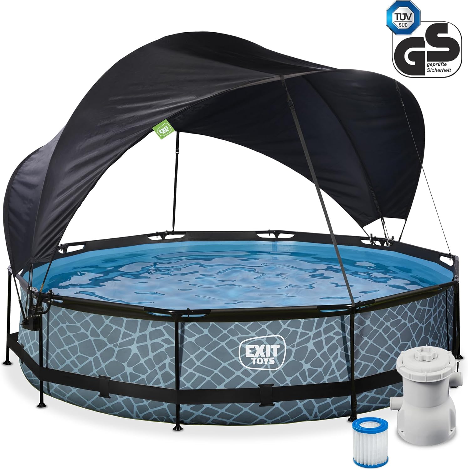 karaca-alisveris Piscine Stone avec Voile d'Ombrage - ø360x76cm - Piscine Hors Sol Ronde avec Pompe Filtrante à Cartouche - Protection Optimale Contre Les Rayons UV - Entrée Basse - Design Unique - Gris