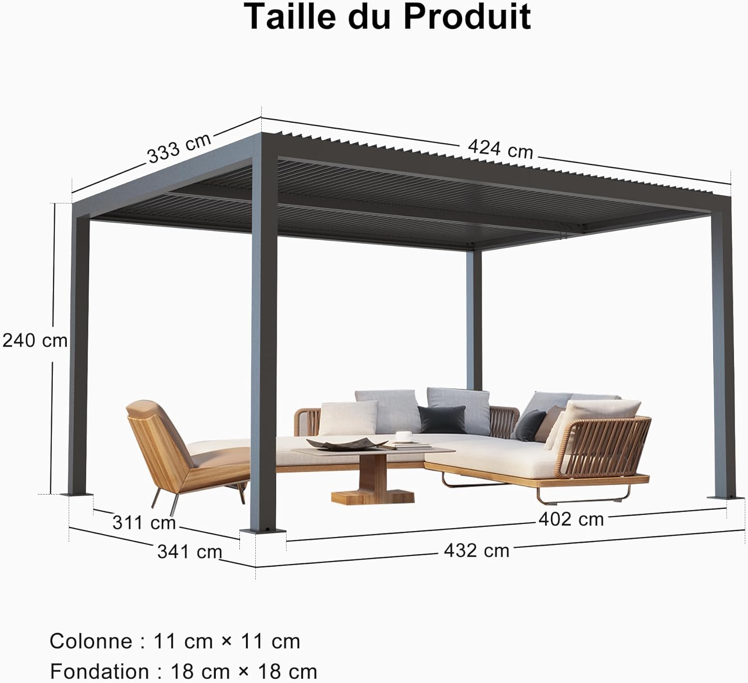 karaca-alisveris - Pergola Bioclimatique - 4,24 x 3,3 m - Aluminium, lames orientables, commande indépendante, gris